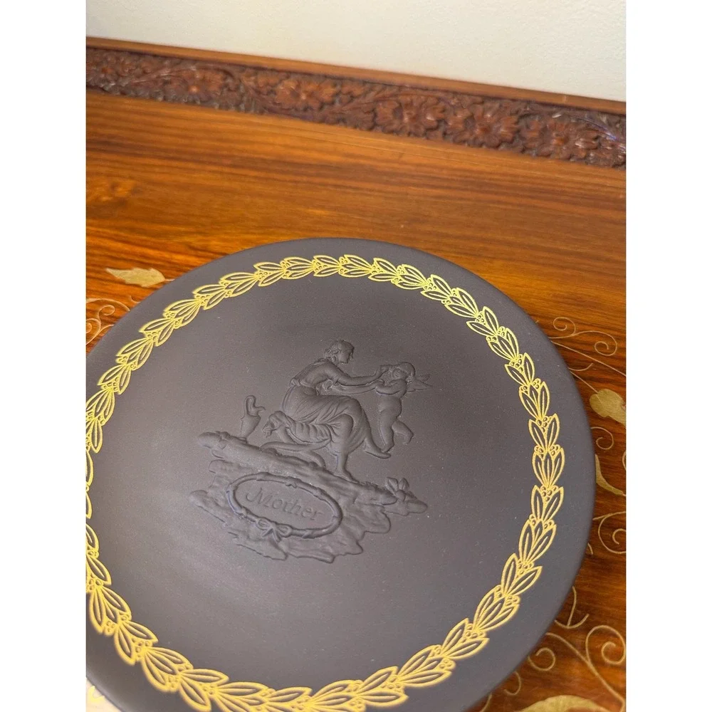 Vintage Wedgwood Mother Plate • Black Basalt Jasperware Gold Relief